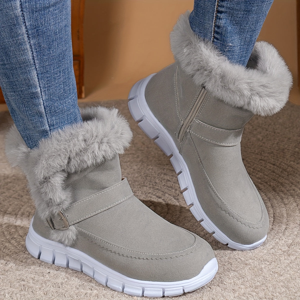 Cozy Winter Snow Boots - Thermal Mid-Calf, Round Toe, Faux Fur Lining, Buckle Design, Non-Slip Sole, Warm Outdoor Booties for Women