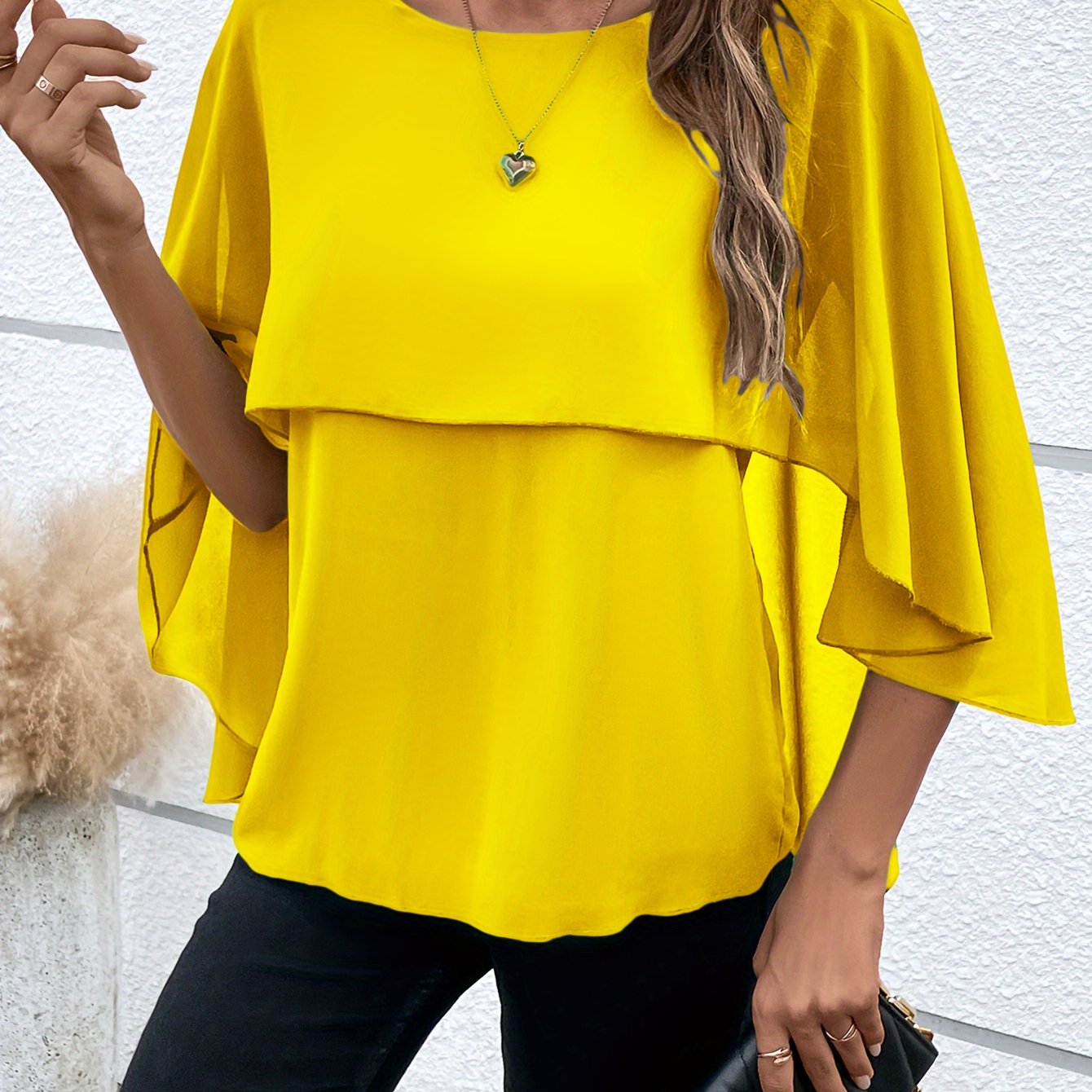 Solid Layered Cloak Sleeve Blouse, Versatile Crew Neck Blouse For Spring & Fall, Women's Clothing