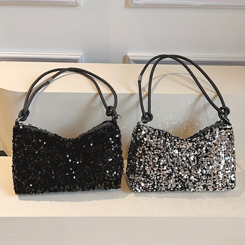 Sequined Shoulder Bag For Women, Trendy Casual Small Square Handbag, Versatile Evening Purse With Shoulder Strap