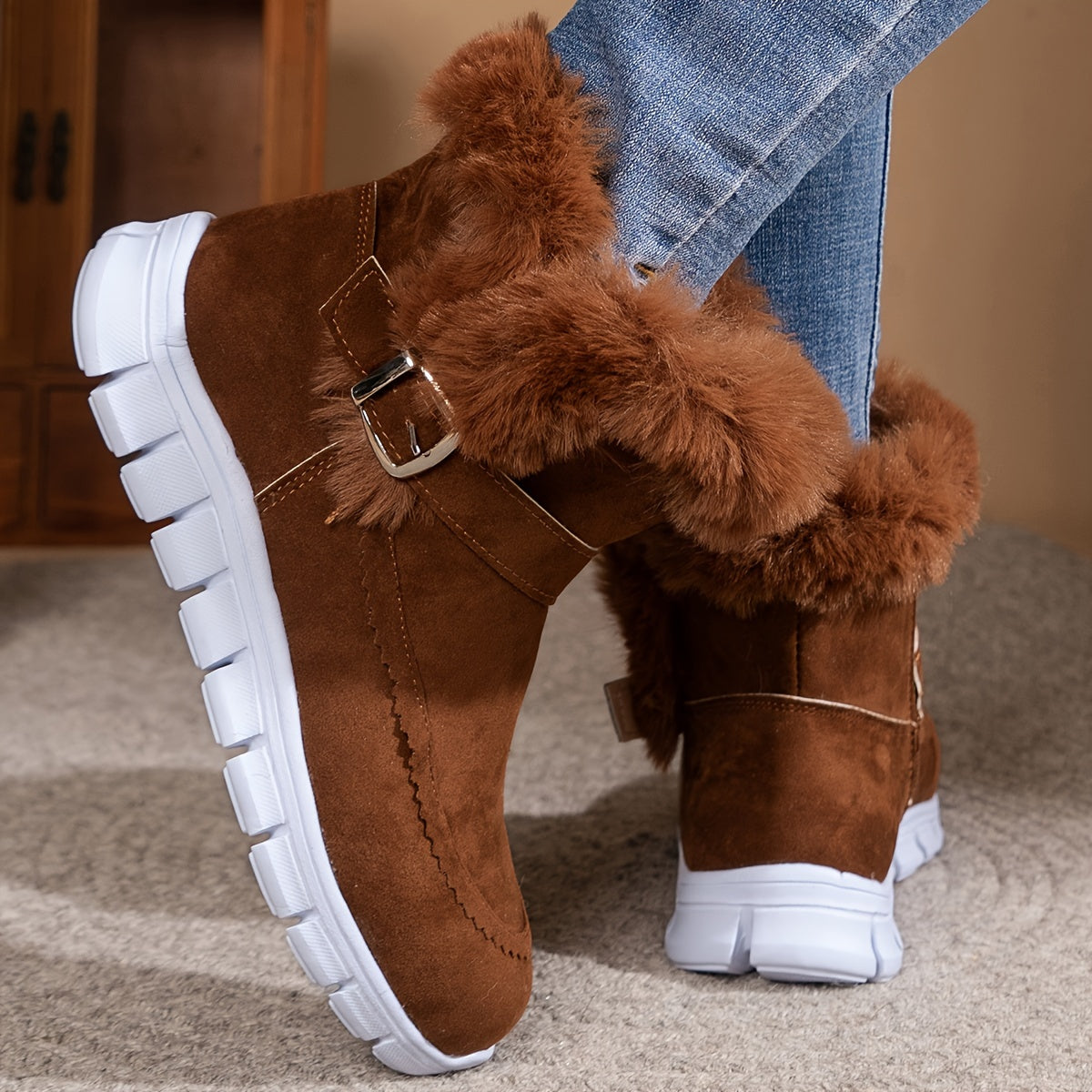 Cozy Winter Snow Boots - Thermal Mid-Calf, Round Toe, Faux Fur Lining, Buckle Design, Non-Slip Sole, Warm Outdoor Booties for Women