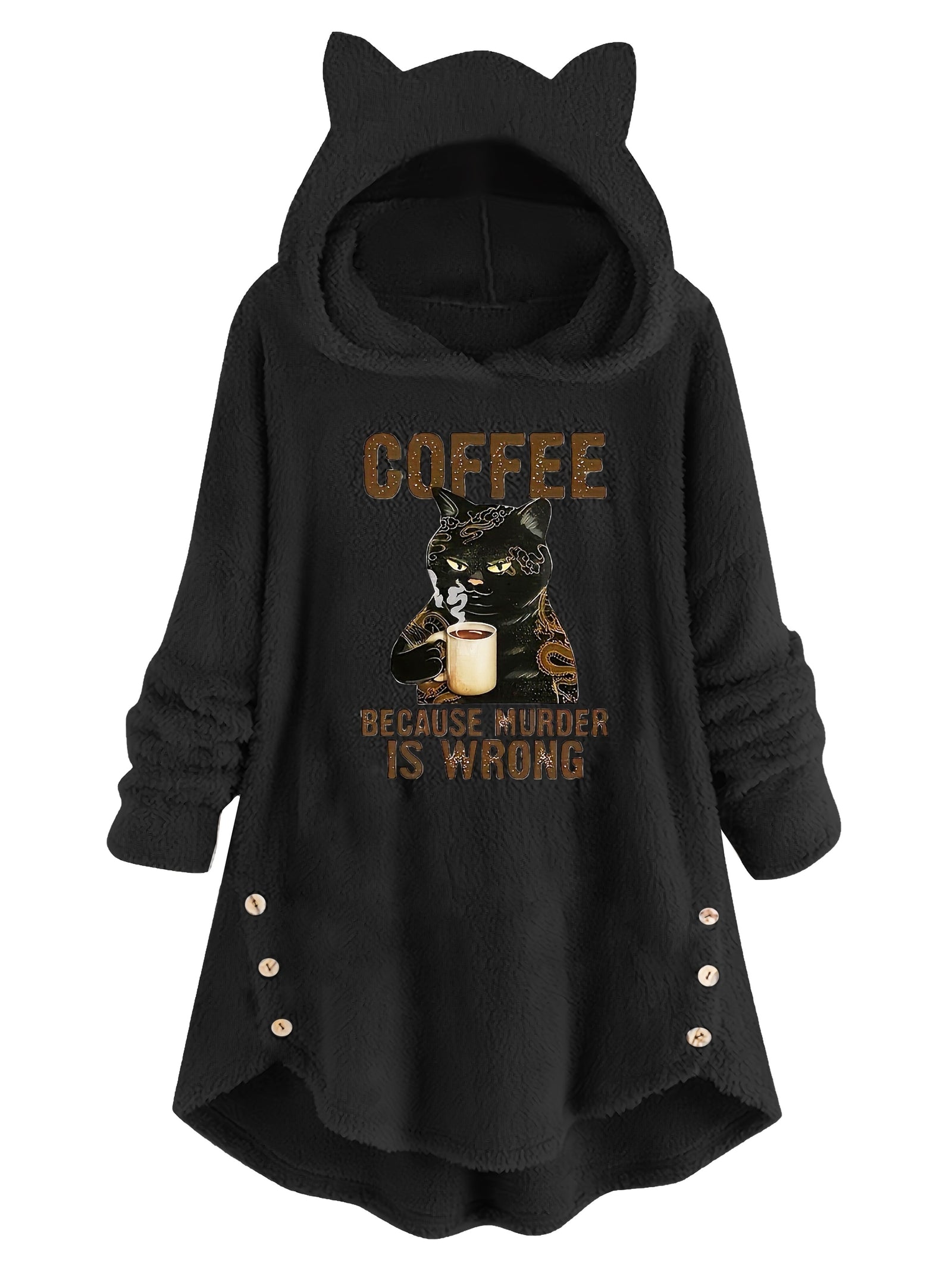 Cat & Slogan Print Teddy Hoodie, Casual Long Sleeve Button Decor Hoodie Sweatshirt, Women's Clothing