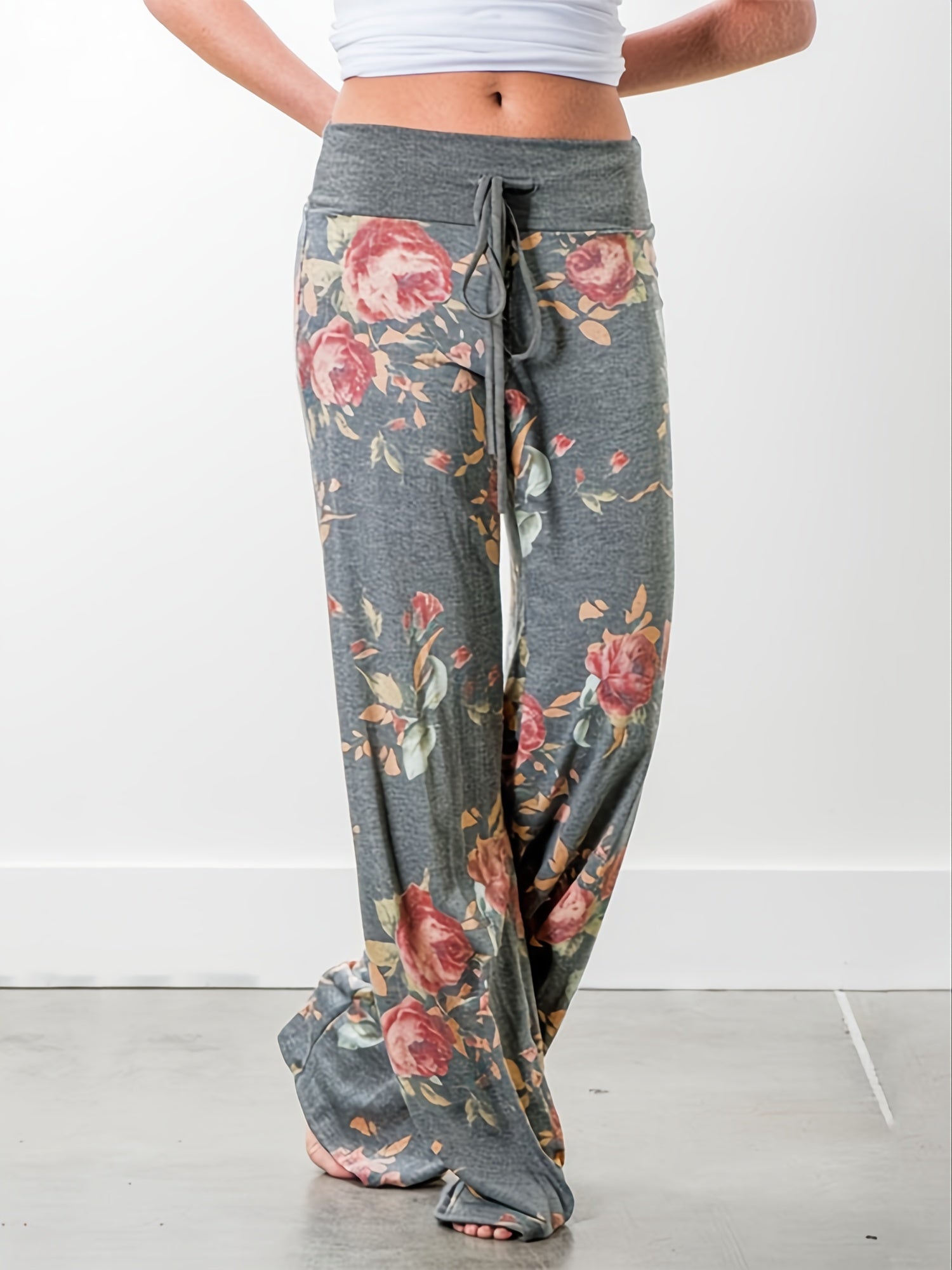 Plus Size Floral Print High Rise Drawstring Long Pants, Women's Plus Slight Stretch Loose Casual Pants