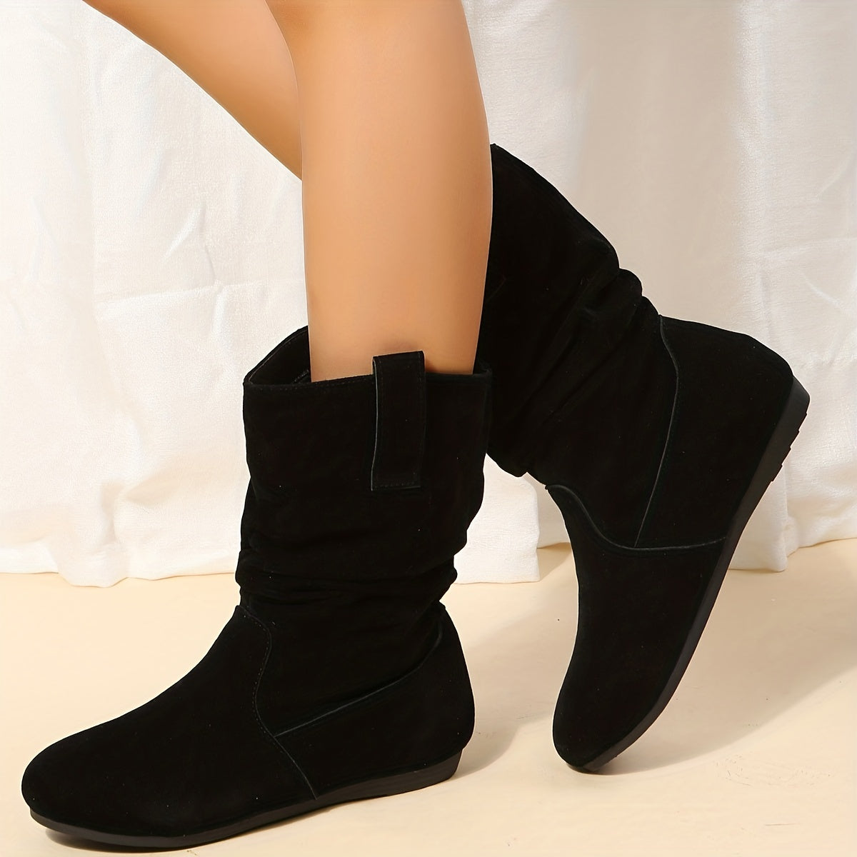 Women's Slouchy Mid Calf Boots, Comfy V-cut Pull On Plush Lined Warm Flat Shoes, Winter Thermal Boots