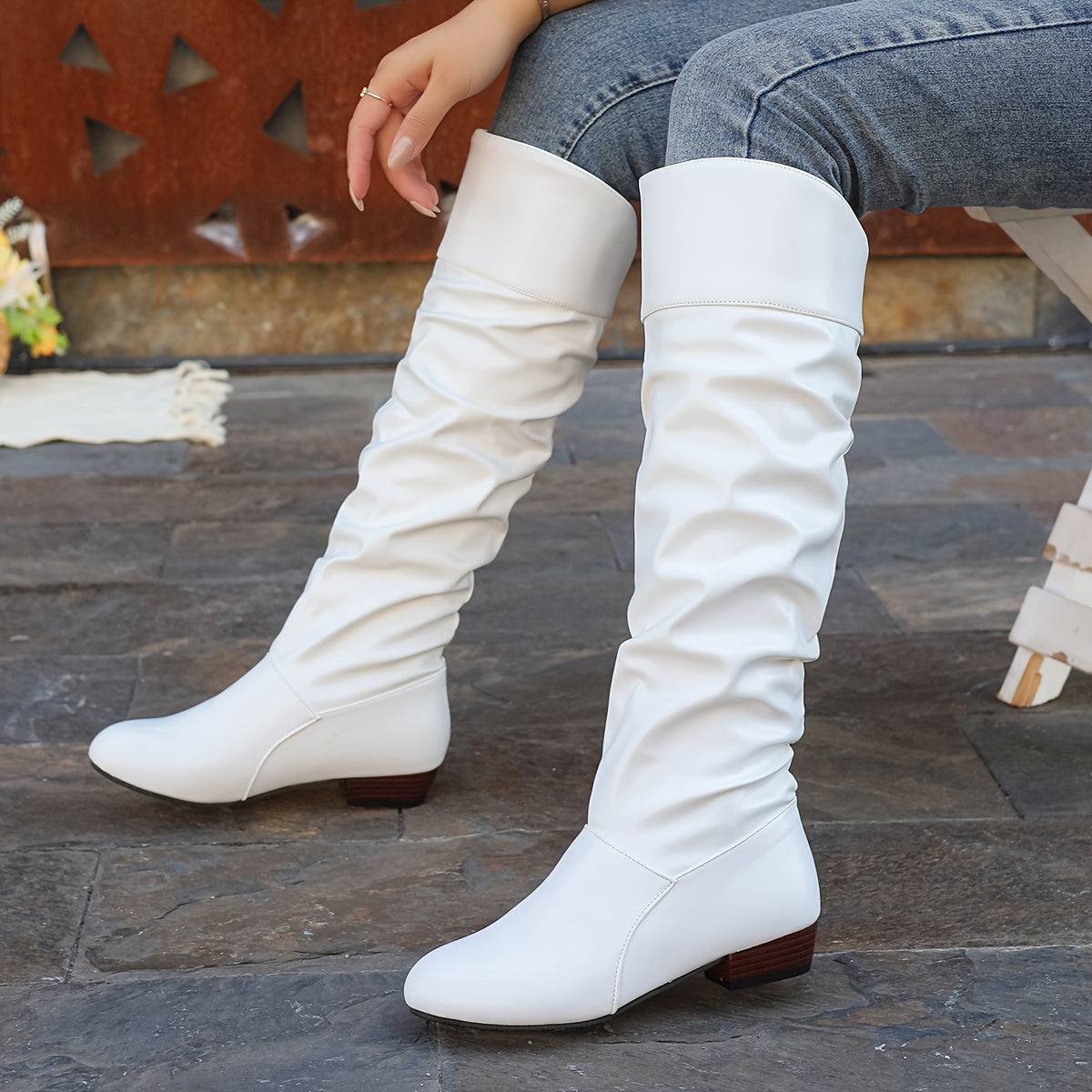 Stylish Women's Slouchy Boots - Pull-On, Chunky Heel, Round Toe, High Knee, Solid Color, Winter Boots - Comfortable, Trendy, and Warm