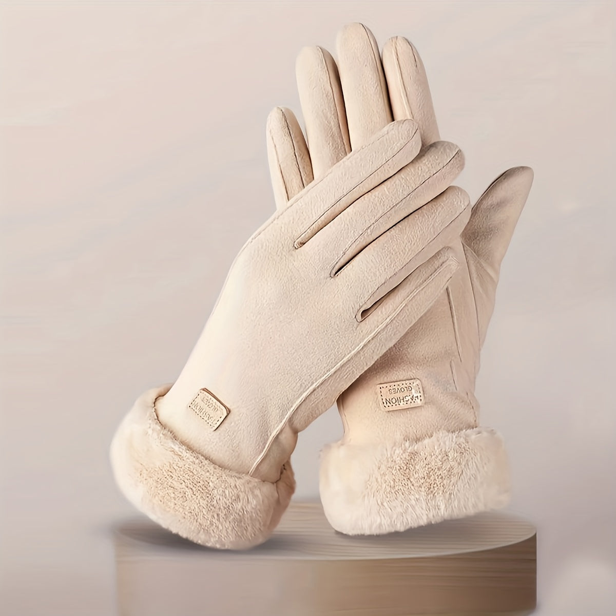 Cozy Beige Touchscreen Gloves for Women - Thick, Warm Plush Lined Winter Gloves with Full Finger Design