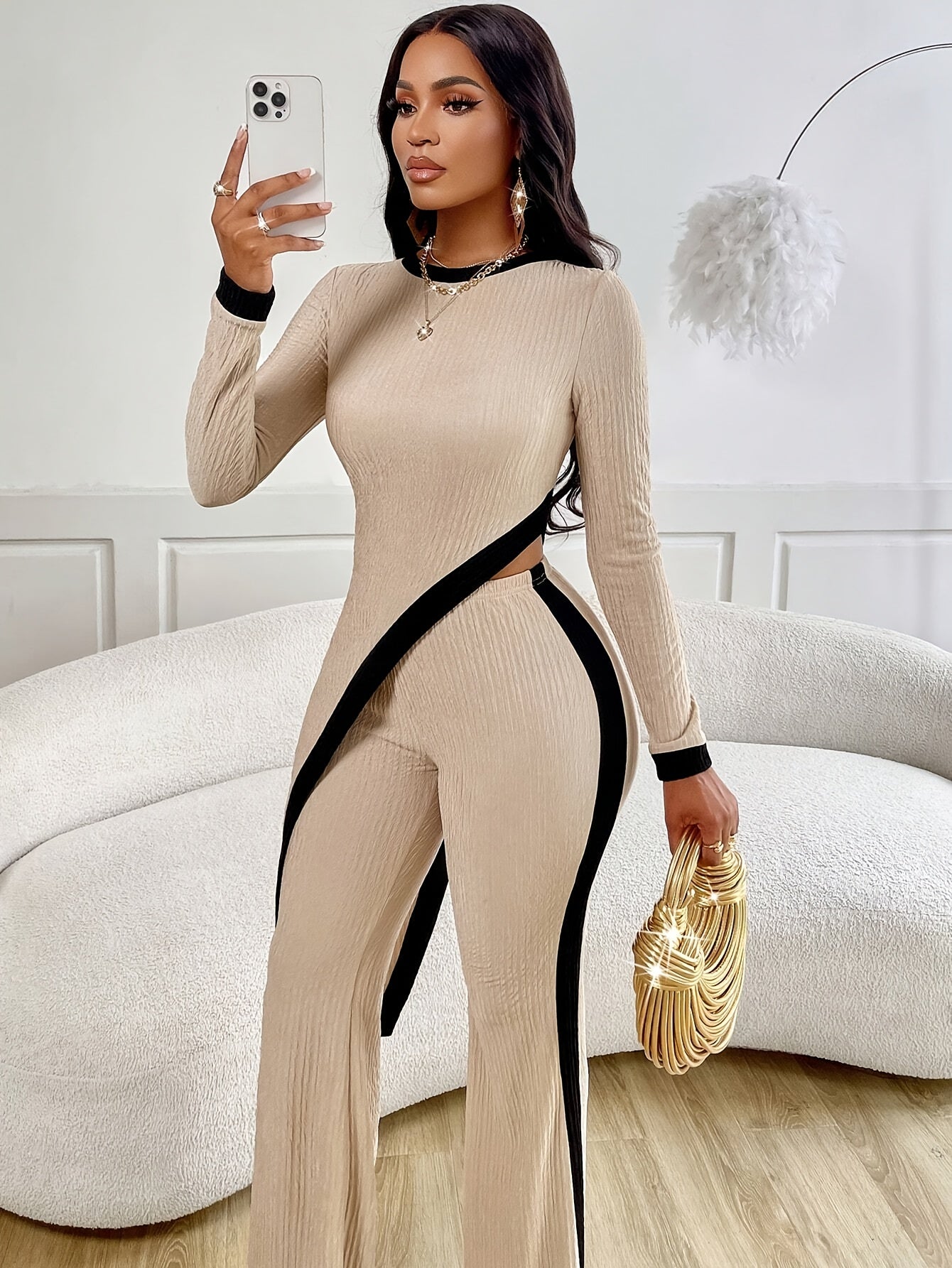 1set Elegant Women'S Polyester Jumpsuit - Asymmetrical Hem T-Shirt and Flare Pants Set with Crew Neck, Knit Fabric, Solid Color for Spring/Fall