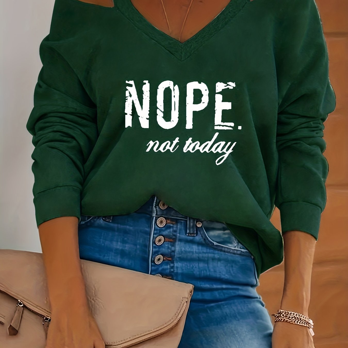 Letter Print Cold Shoulder Pullover Sweatshirt, Casual Long Sleeve V Neck Sweatshirt For Spring & Fall, Women's Clothing