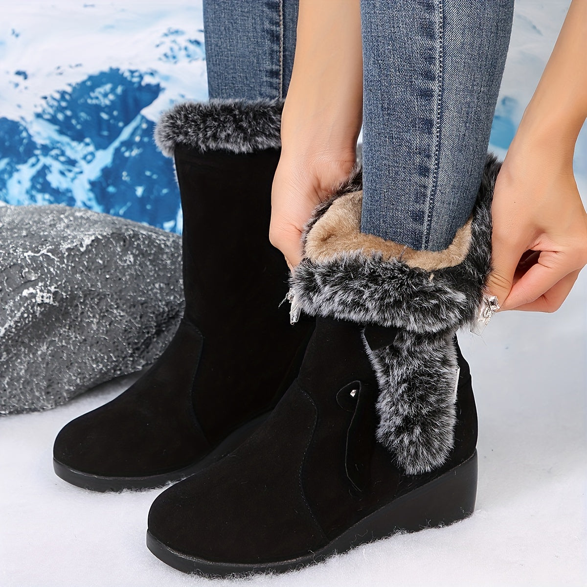 Mid Heel Wedge Boots for Women - Flannel Lined, Buckle Strap, Round Toe, Rubber Sole, Pull-On Closure, Perfect for Winter and Comfort Occasions