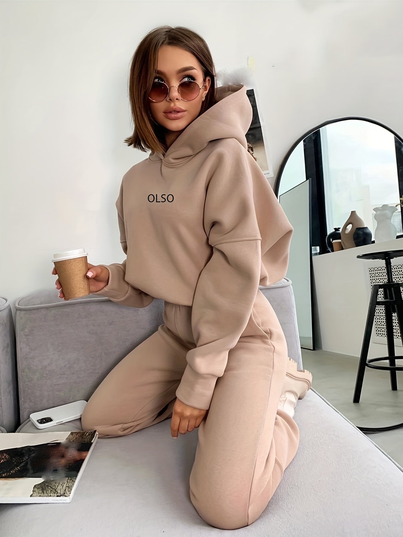 Casual Two-piece Set, Letter Print Long Sleeve Hooded Sweatshirt & Elastic Waist Sweatpants Outfits, Women's Clothing