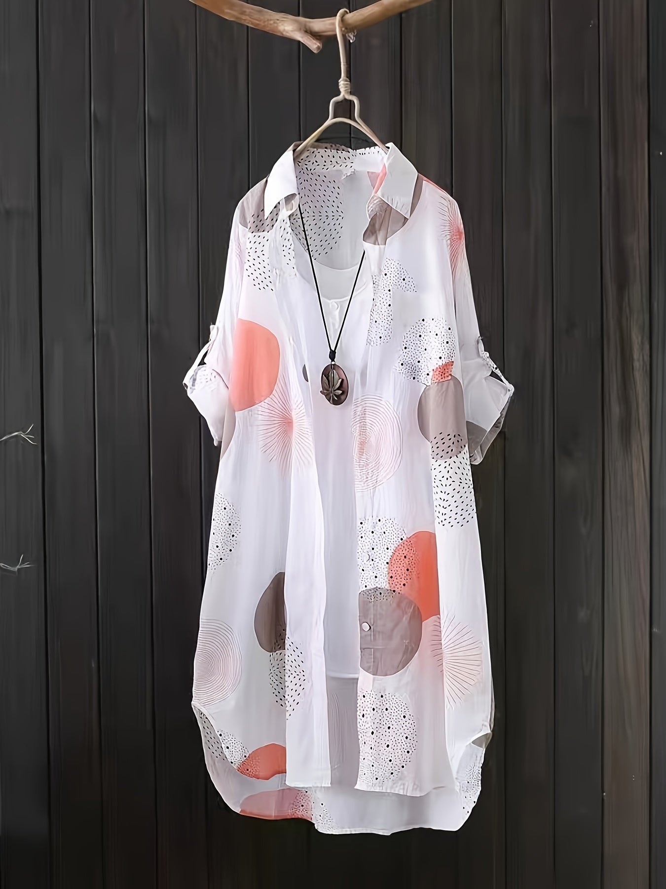 Allover Print Button Front Blouse, Casual Long Sleeve Thigh Length Blouse For Spring & Fall, Women's Clothing