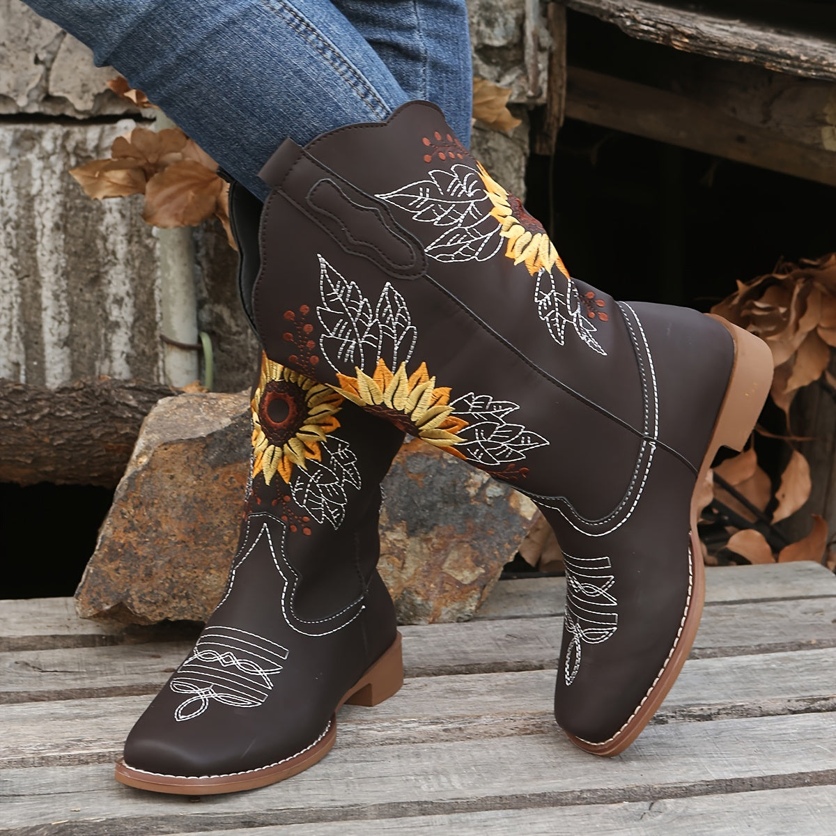 Low Heel Women's Chelsea Boots - Floral Embroidered Faux Leather, Pull-On Closure, Block Heel, Round Toe, Comfortable Insole, Rubber Sole