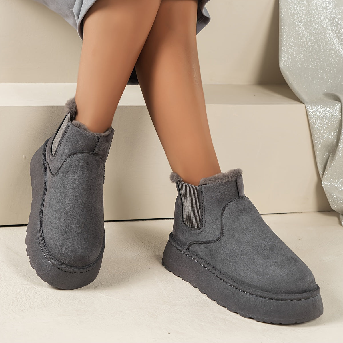 Stylish Women's Plush Lined Ankle Boots - Comfortable Slip-On Platform Boots for Fall & Winter Outings - Soft Insoles for Daily Wear