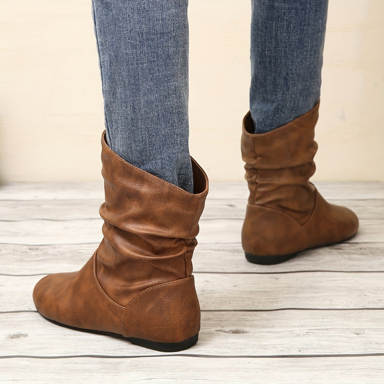 Women's Solid Color Trendy Boots, Slip On Comfy Flat Round Toe Boots, Versatile Ankle Shoes