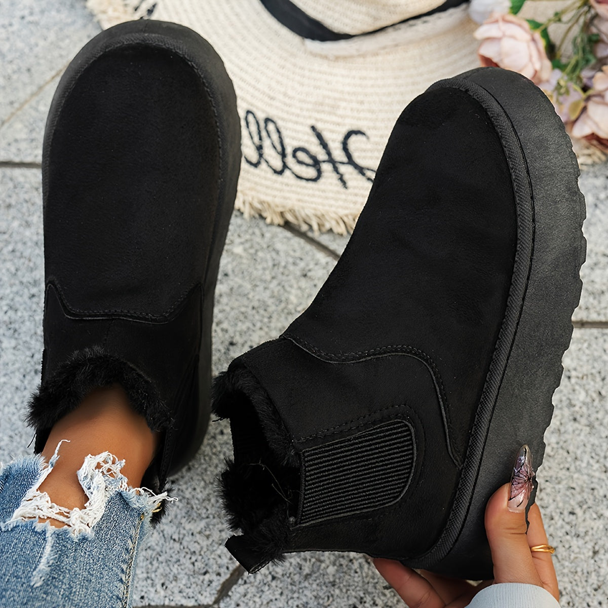 Women's Cozy Slip-On Ankle Boots - Plush Lined, Thick Sole, Winter Fashion in Solid Colors