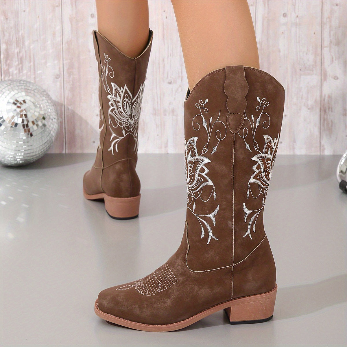 Women's Embroidered Western Mid-Calf Boots - Comfy Low Block Heel, Square Toe, Easy Slip-On Casual Cowboy Boots