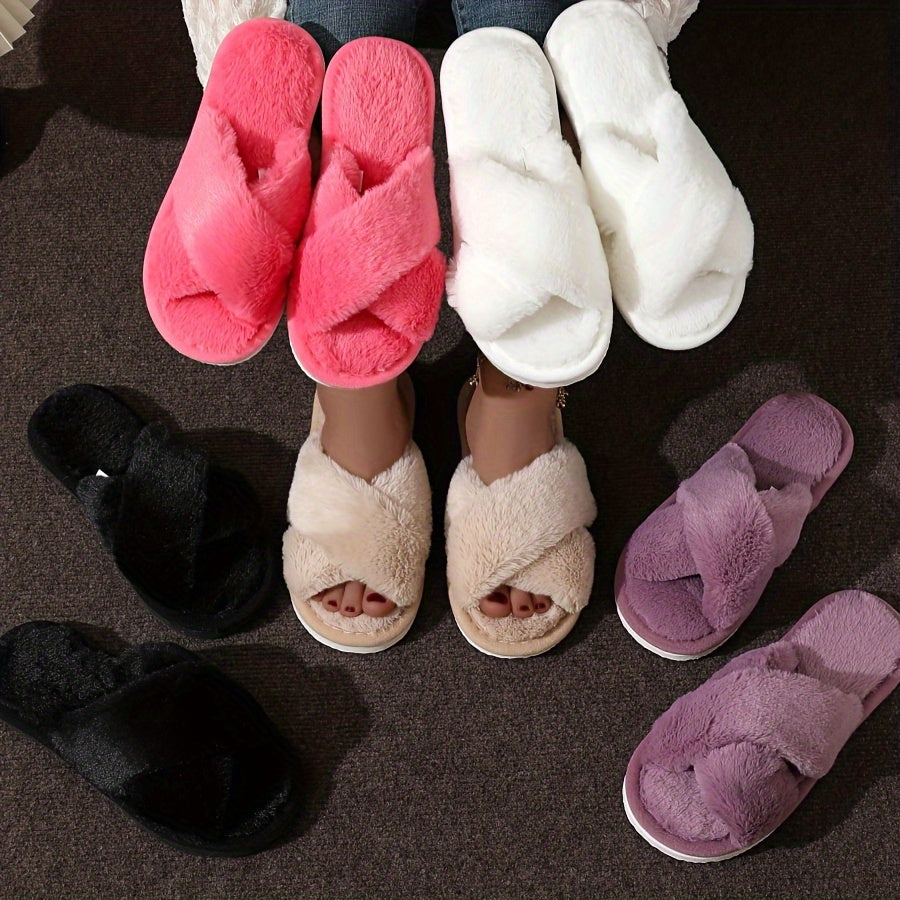 Crisscross Band Plush Indoor Slippers, Cozy & Warm Leopard Print Soft Sole Fuzzy Shoes, Non Slip Home Floor Slippers