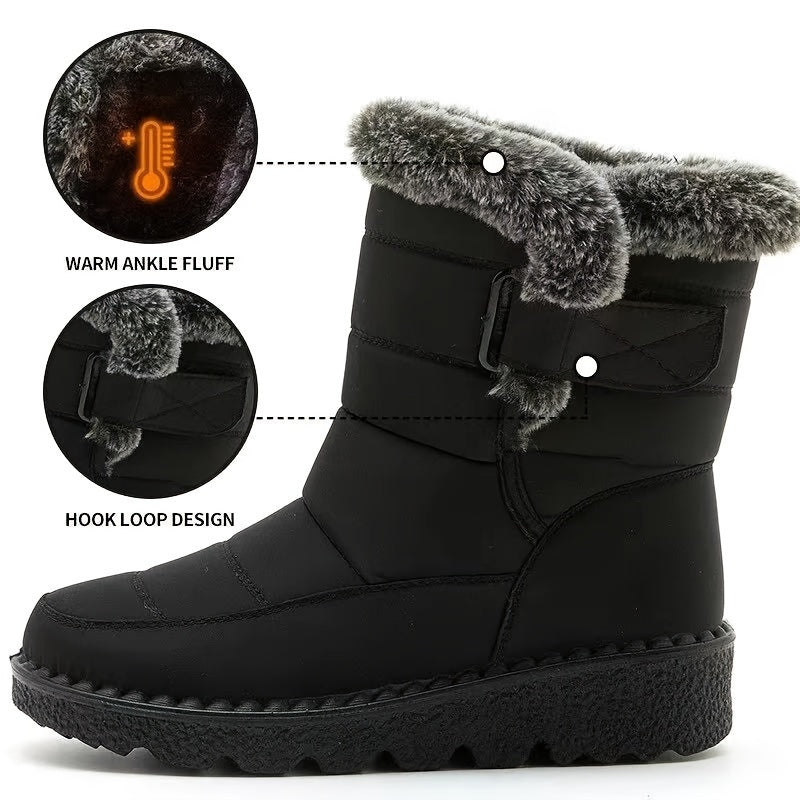 Mid-Calf Women's Winter Boots - Waterproof, Insulated, Faux Fur Lined, Anti-Slip, Comfortable, Warm, Closed-Toe, Magic Tape Closure, Black