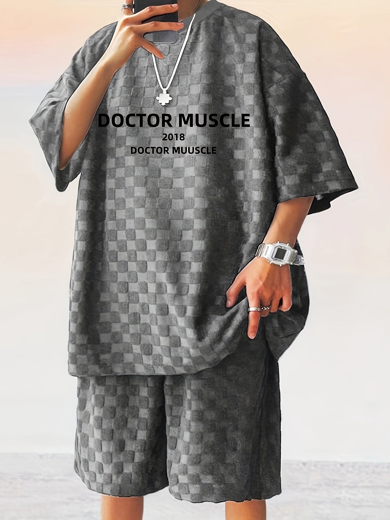 DOCTOR MUSCLE Men's Casual 2pcs Set, Letter Print Waffle Pattern T-shirt + Active Shorts Matching Set For Summer