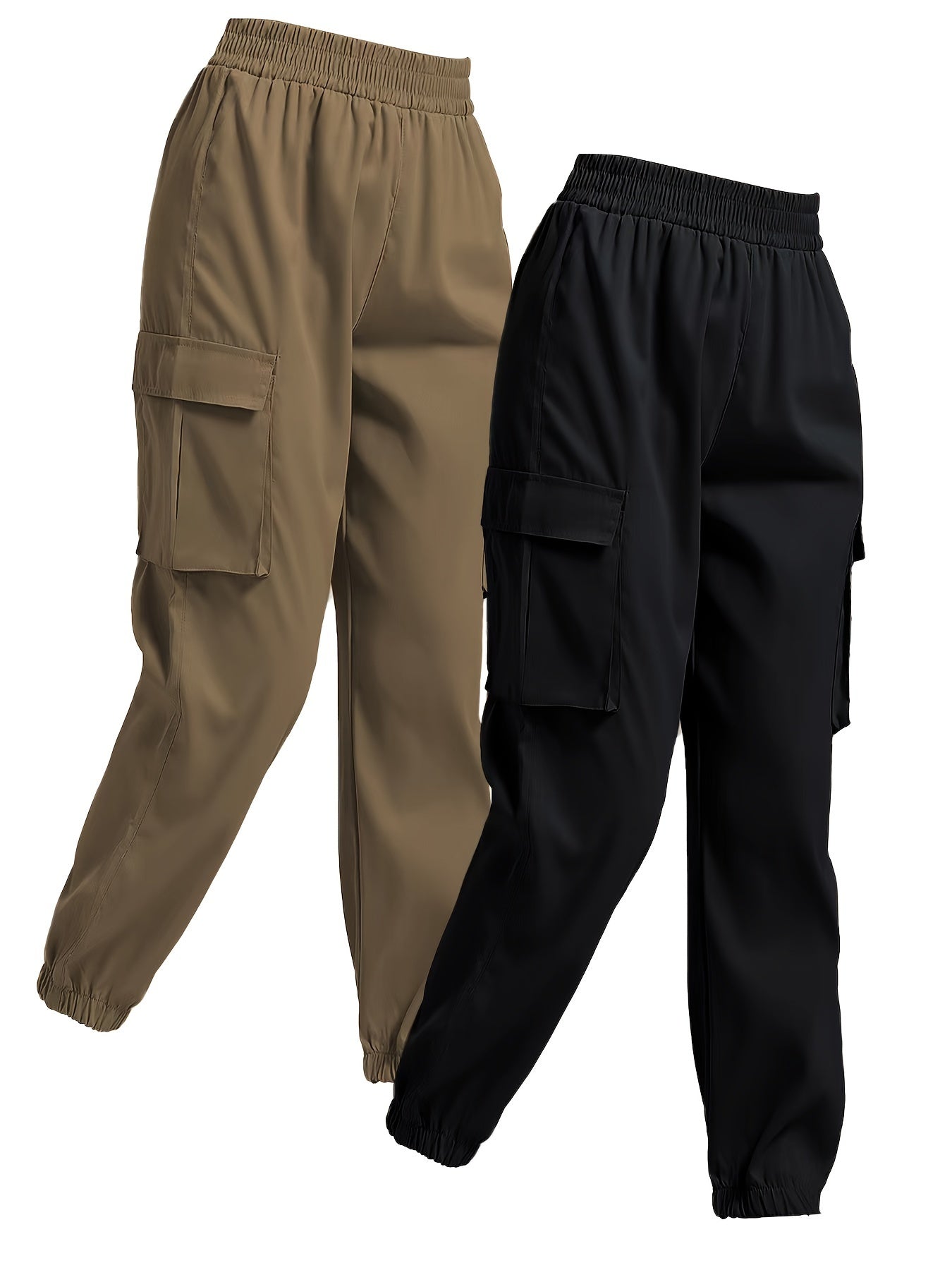 Solid Jogger Cargo Pants 2 Pack, Casual Flap Pocket Elastic Waist Pants, Women's Clothing