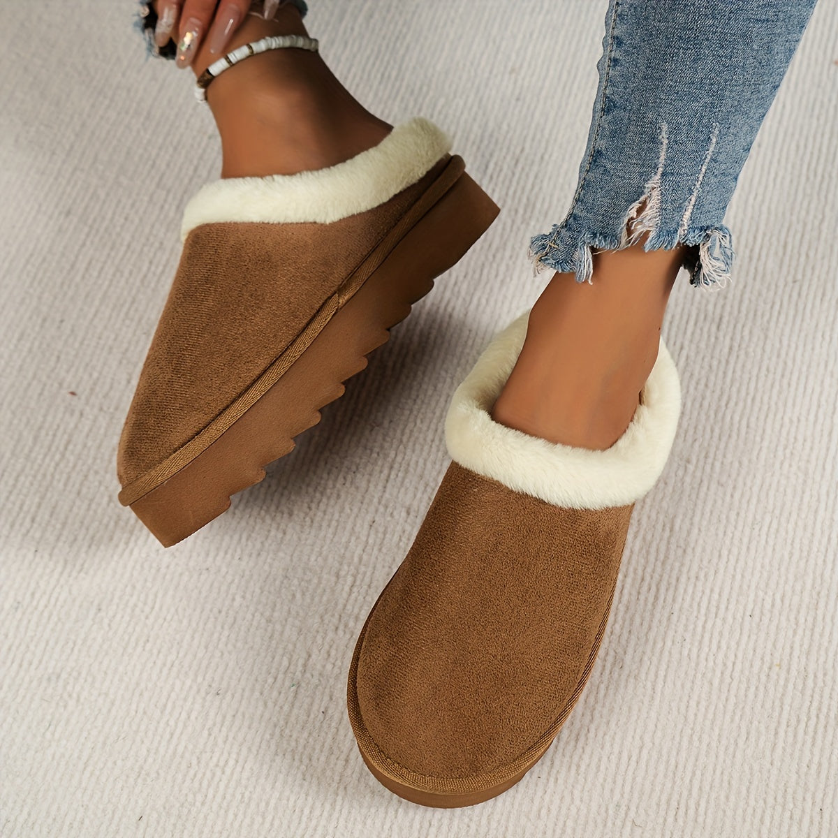 Solid Color Warm Home Slippers, Slip On Platform Lined Non-slip Shoes, Winter Comfy Plush Fuzzy Shoes