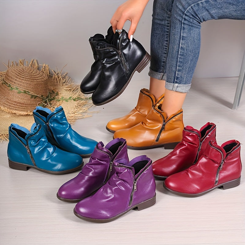 Womens Double Zipper Ankle Boots - Stylish & Comfortable with Chunky Low Heel - Timeless Solid Color, Vintage Ruched Detail - Trendy Short Boot