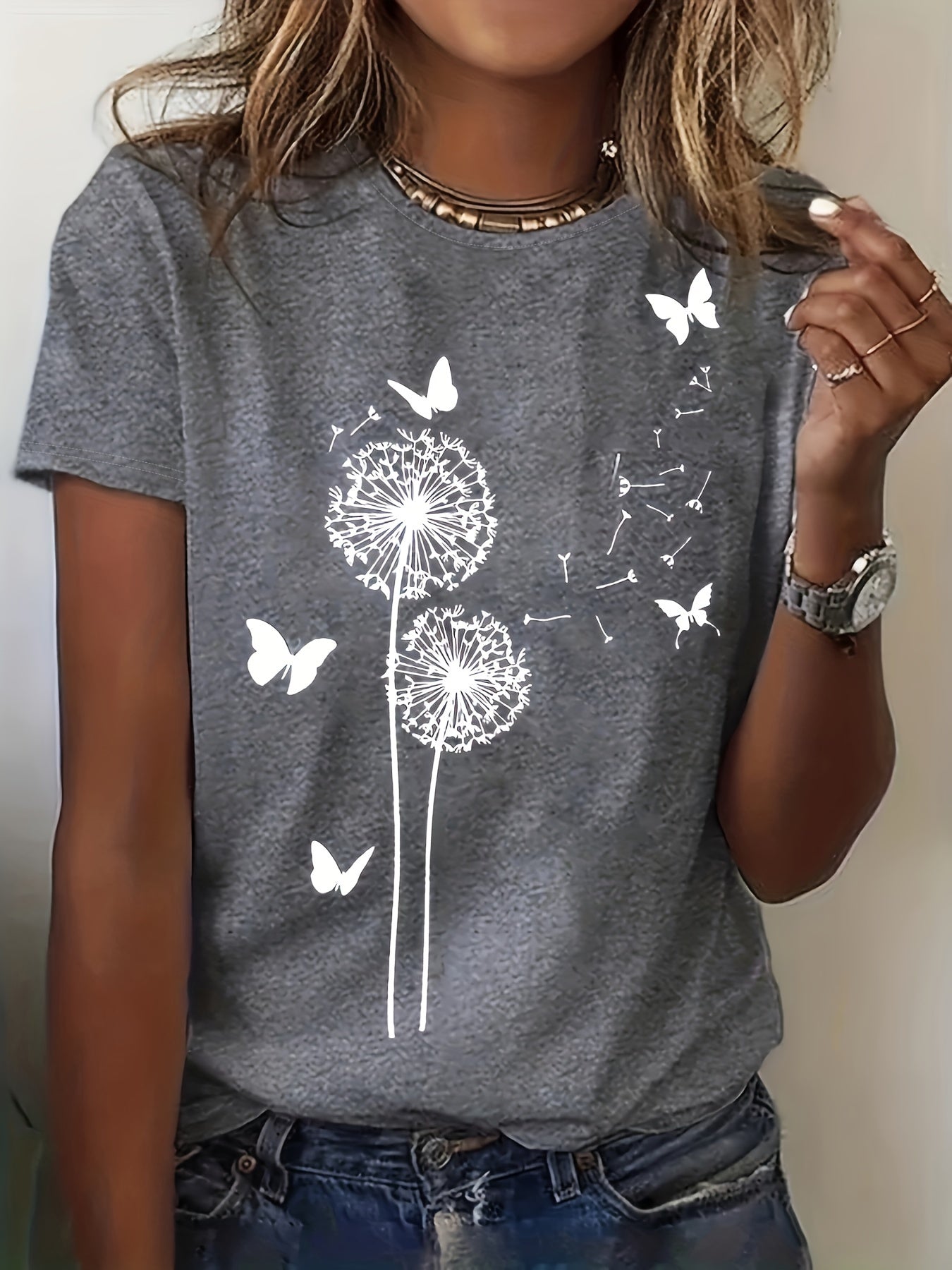 Dandelions & Butterfly Print T-Shirt, Casual Crew Neck Short Sleeve T-shirt For Spring & Summer, Women's Clothing