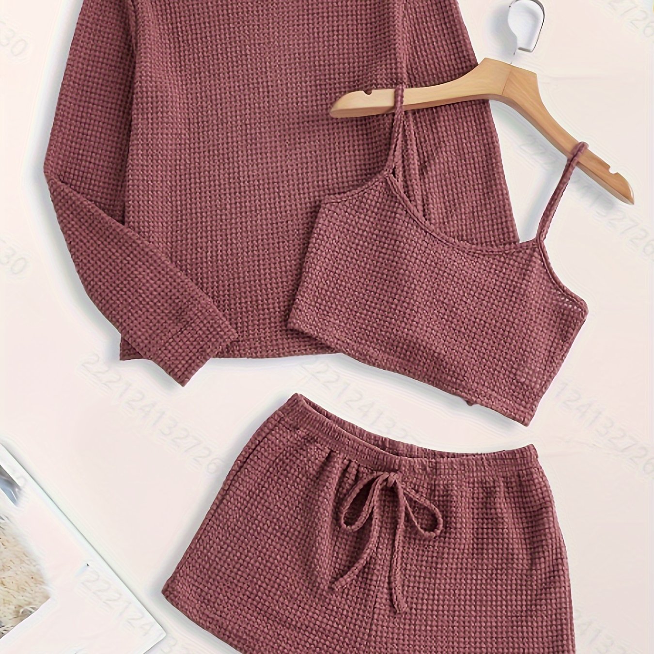 Solid Waffle Lounge Set, Casual Long Sleeve Crew Neck Top & Cami Top & Elastic Waistband Shorts, Women's Loungewear & Sleepwear for fall & winter