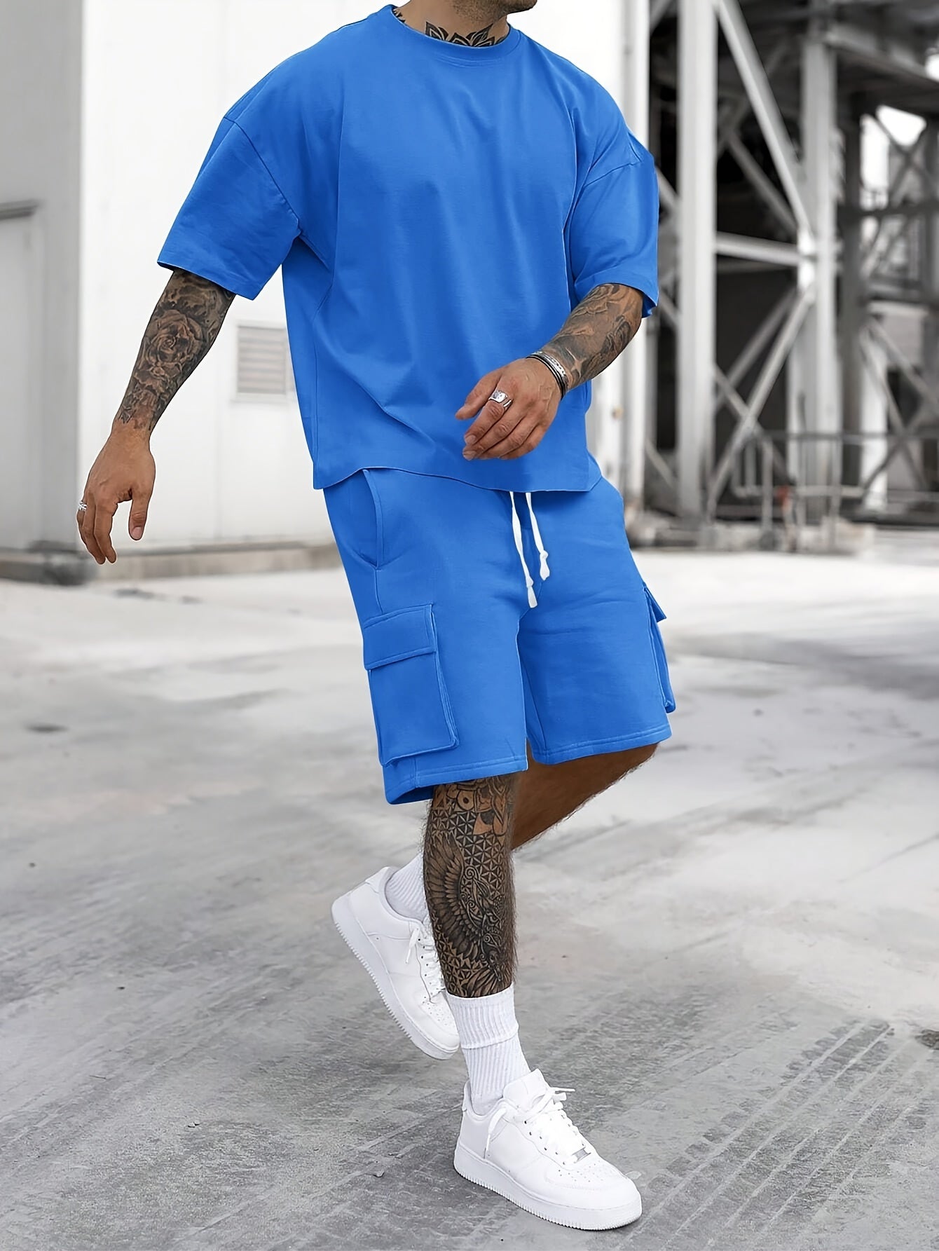 Men's Outfit, Solid Casual Loose Crew Neck Short Sleeve T-Shirt & Drawstring Shorts With Multi Pockets 2-piece Set For Summer Outdoor Activities