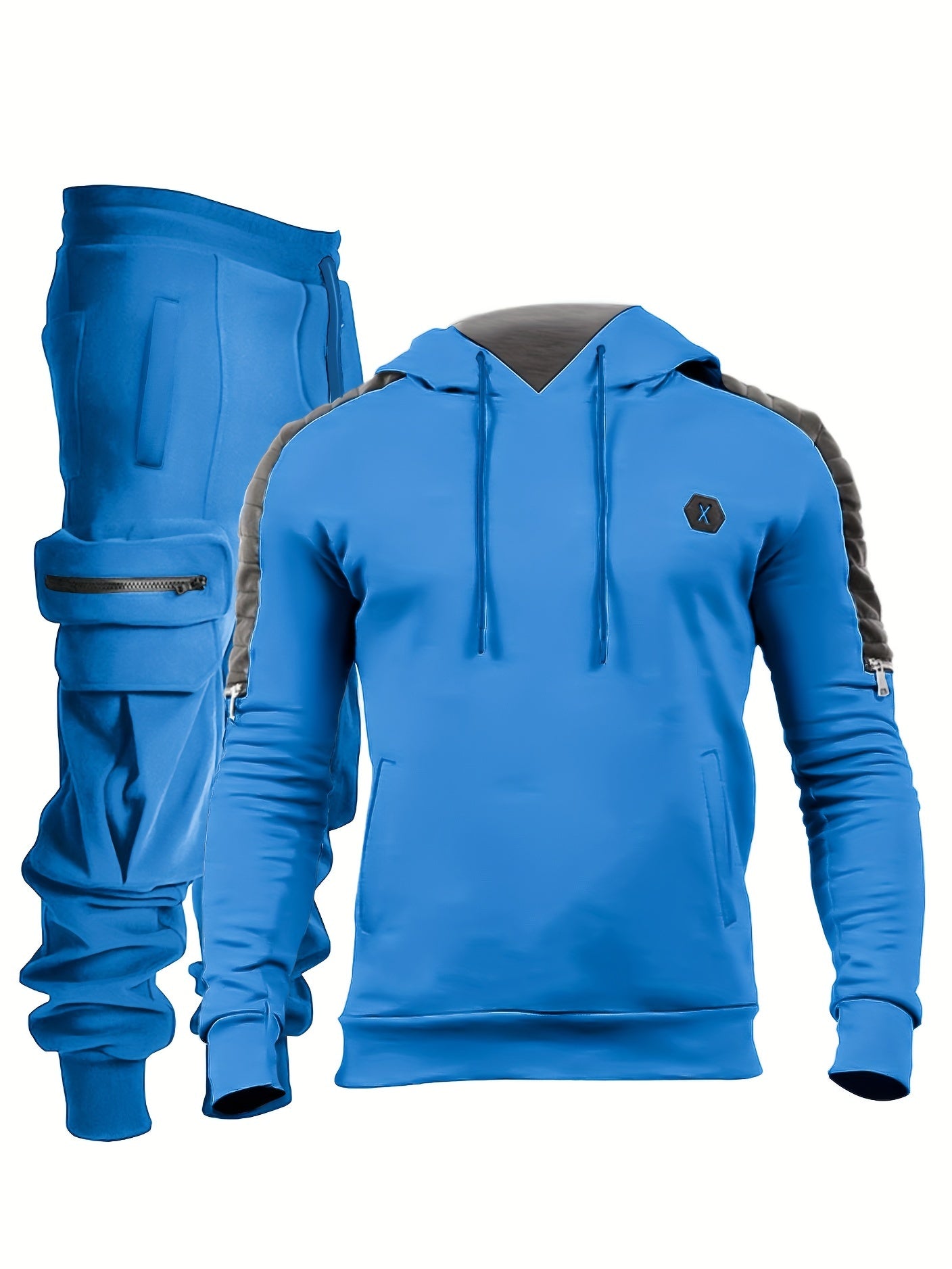 Men's Casual 2pcs Set, High Stretch Sports Hoodie & Multi Pocket Joggers Matching Set For Gym Workout Training