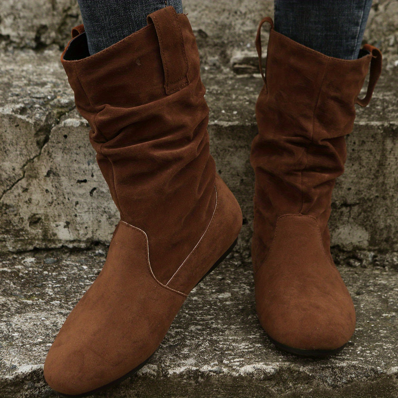 Women's Slouchy Mid Calf Boots, Comfy V-cut Pull On Plush Lined Warm Flat Shoes, Winter Thermal Boots