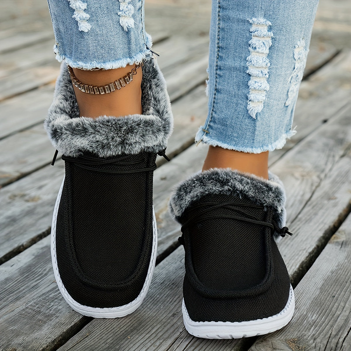 Women's Slip-On Plush Sneakers - Round Toe, Breathable Fabric Upper, EVA Sole, Non-Slip Comfort for All Seasons.