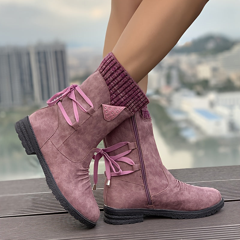 Women's Knitted Boots with Faux Leather Panel Design, Tie Back, and Side Zip