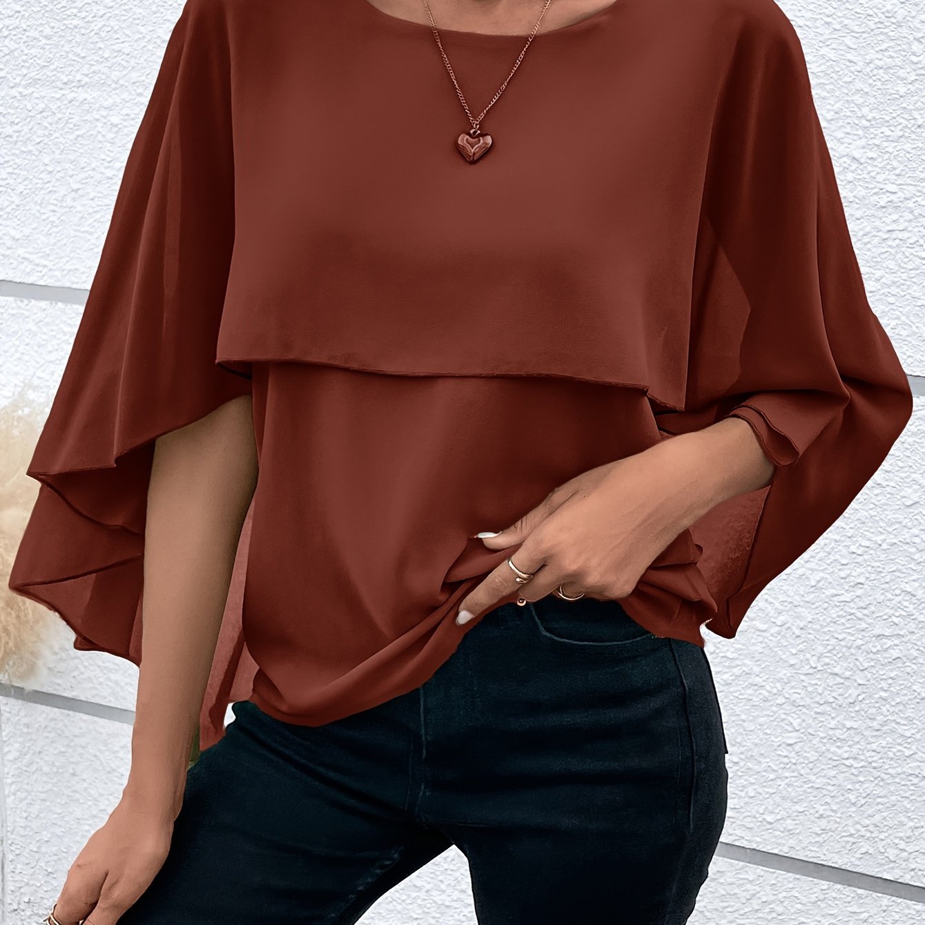 Solid Layered Cloak Sleeve Blouse, Versatile Crew Neck Blouse For Spring & Fall, Women's Clothing