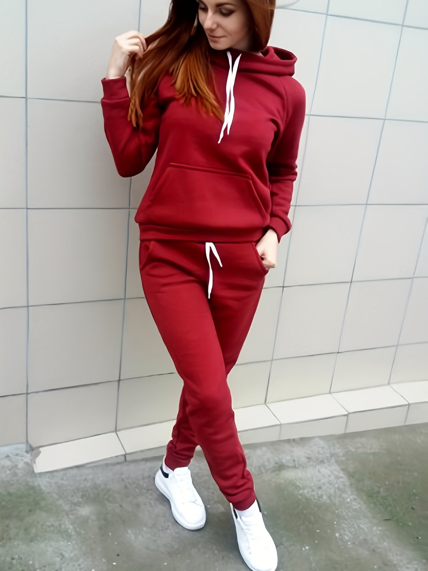 Trendy Solid Womens Two-Piece Set - Comfy Hoodie with Kangaroo Pockets & Drawstring Pants Outfit - Casual, Stylish, Versatile Wardrobe Essential