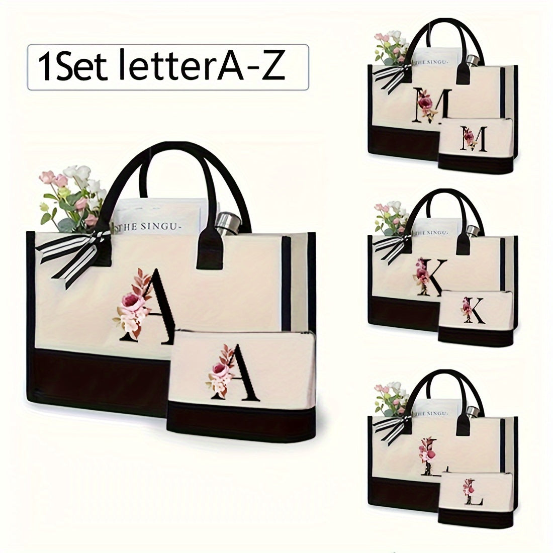 2pcs Fashion Letter Canvas Shoulder Bag, Simple & Versatile Handbag, Large Solid Color Shopping Bag, Perfect for Office & Work