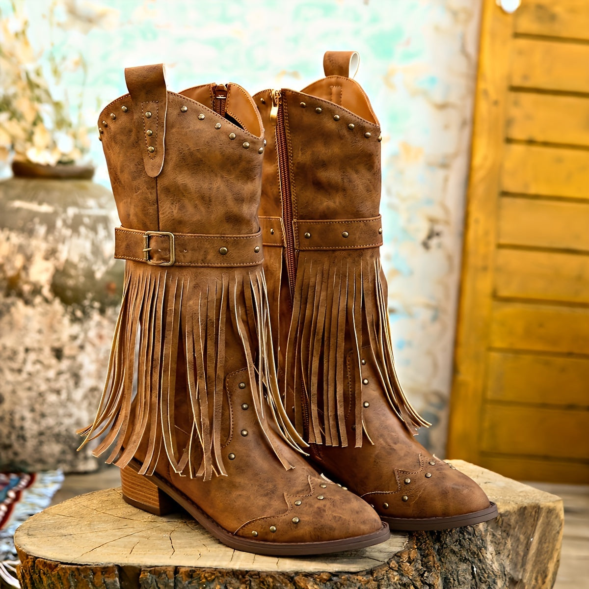 Womens Tassel Accent Cowboy Boots - Luxurious Comfort with Chunky Heel, Smooth Zipper & Trendy Buckle Straps - Fashionable Western Style