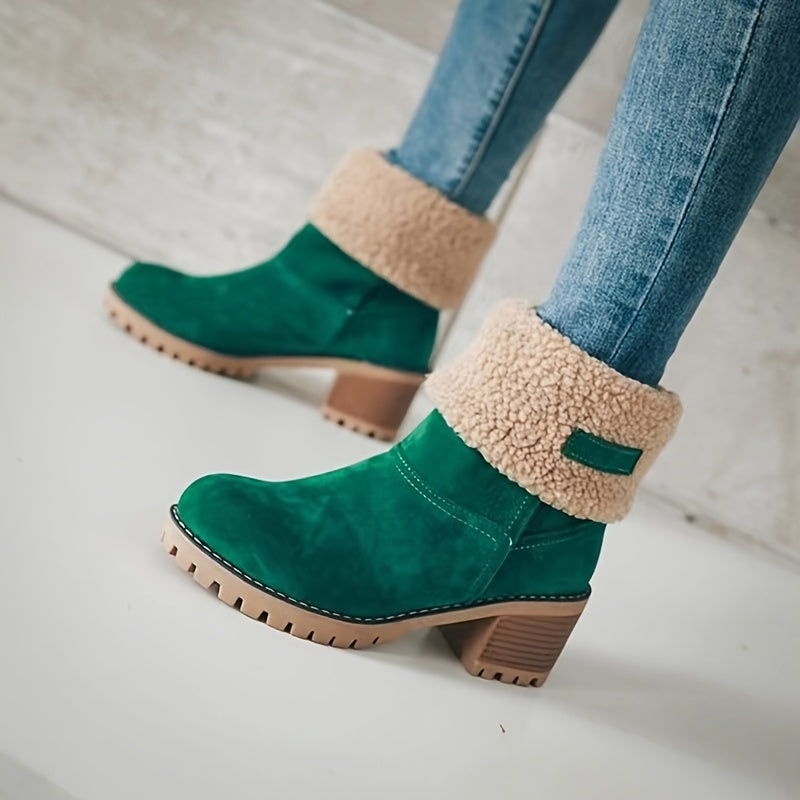 Women's Solid Color Chunky Heel Boots, Casual Slip On Plush Lined Boots, Comfortable Winter Ankle Boots