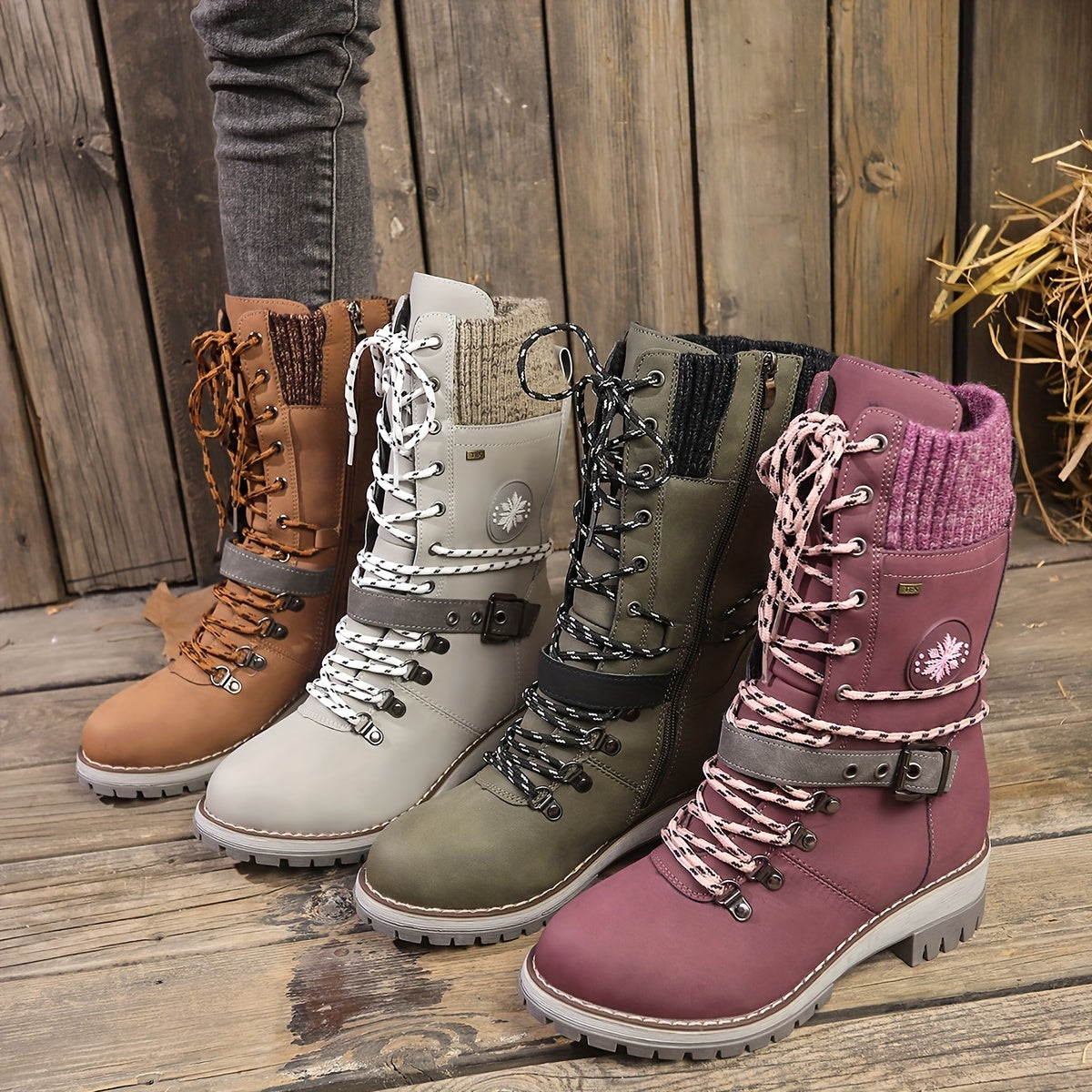 Stylish Knitted Mid-Calf Boots - Solid Color, Side Zipper, Buckle Belt, Non-Slip Sole, Perfect for Cold Weather & Casual Occasions