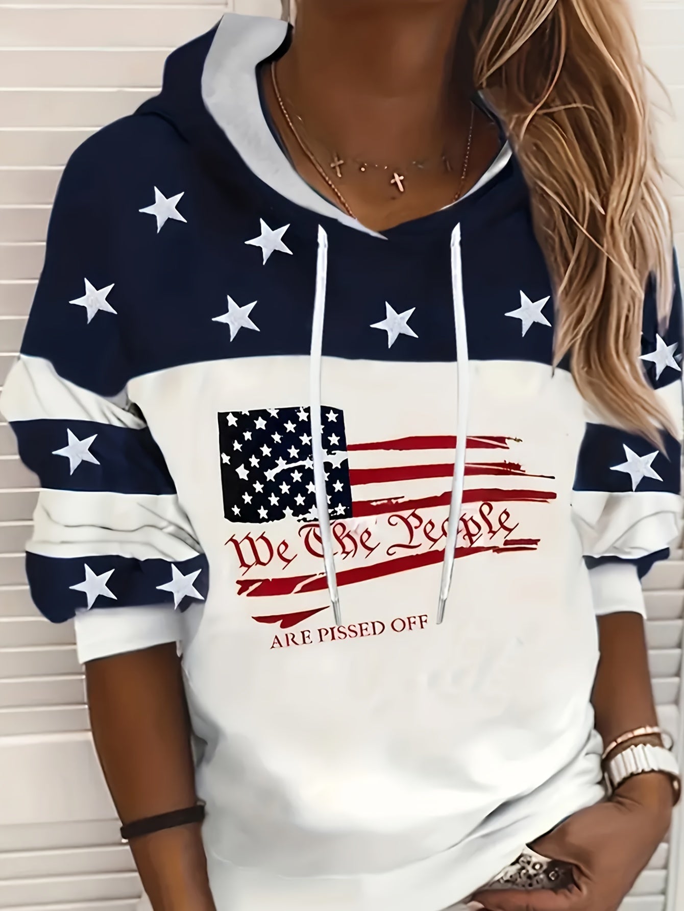 Flag Print Drawstring Hoodie, Casual Long Sleeve Drop Shoulder Hoodie, Women's Clothing