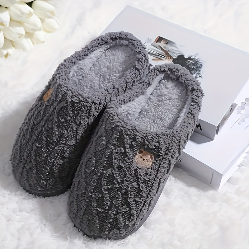 Cute Bear Pattern Plush Winter Slippers, Cozy & Warm Slip On Flat Fuzzy Shoes, Comfortable Home Bedroom Slippers