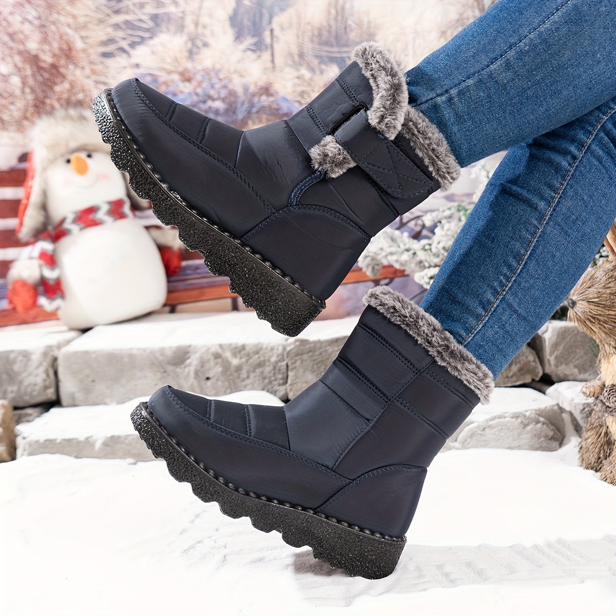 Velvettouch, Women's Winter Anti-Slip Snow Boots with Faux Fur Lining and Adjustable Straps - Casual Mid-Heel Fabric Ankle Booties