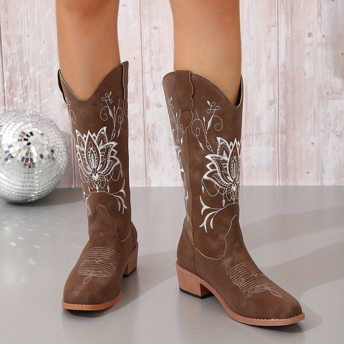 Women's Embroidered Western Mid-Calf Boots - Comfy Low Block Heel, Square Toe, Easy Slip-On Casual Cowboy Boots