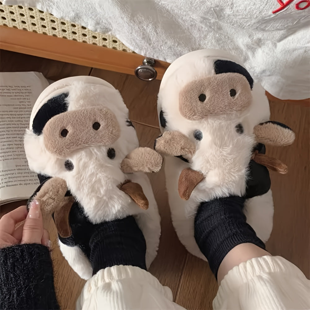 Cute Cow Design Slippers, Casual Slip On Plush Lined Shoes, Comfortable Indoor Home Slippers