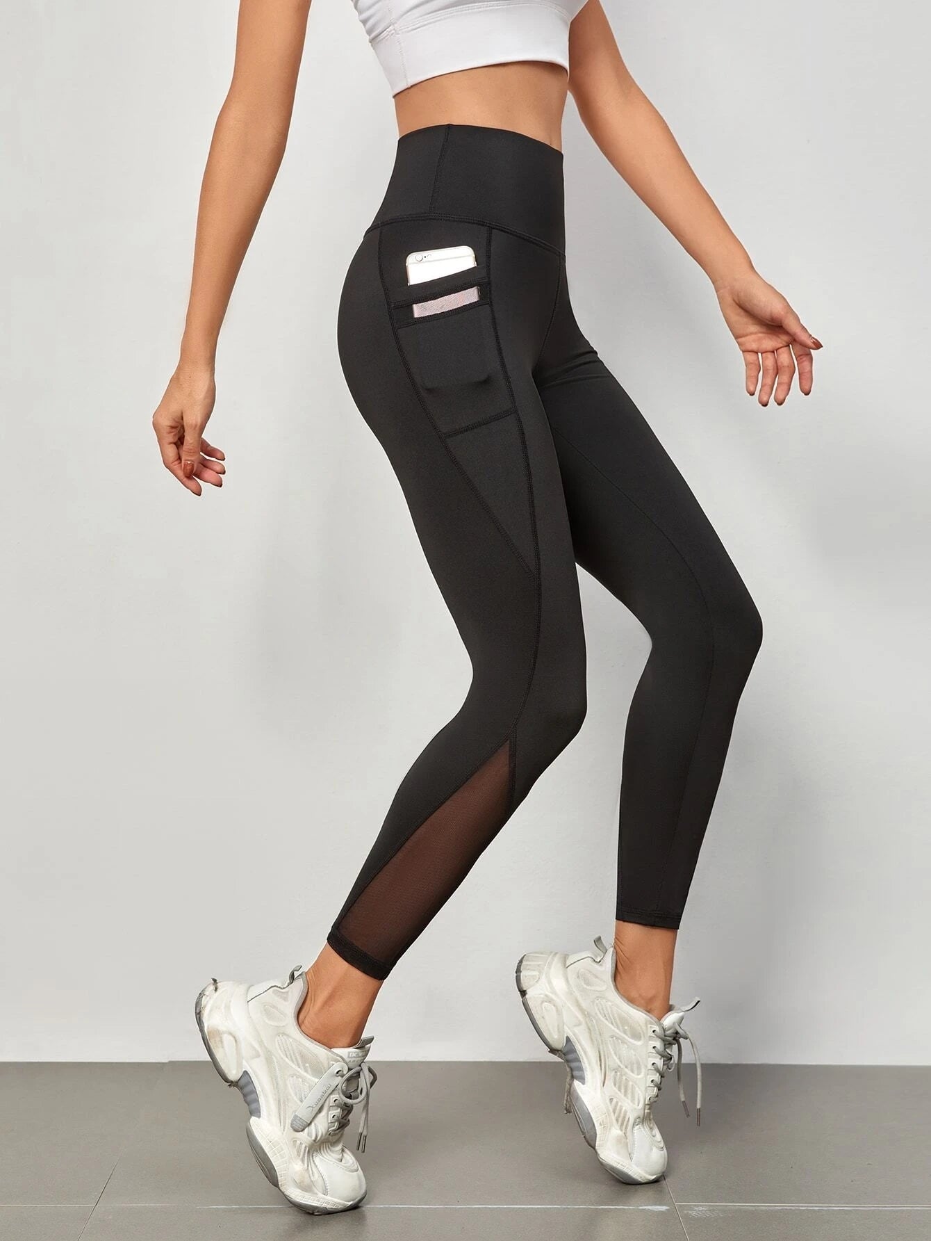 Women's Activewear: Mesh Stitching Yoga Leggings With High Waist Side Pockets For Fitness & Gym Sports