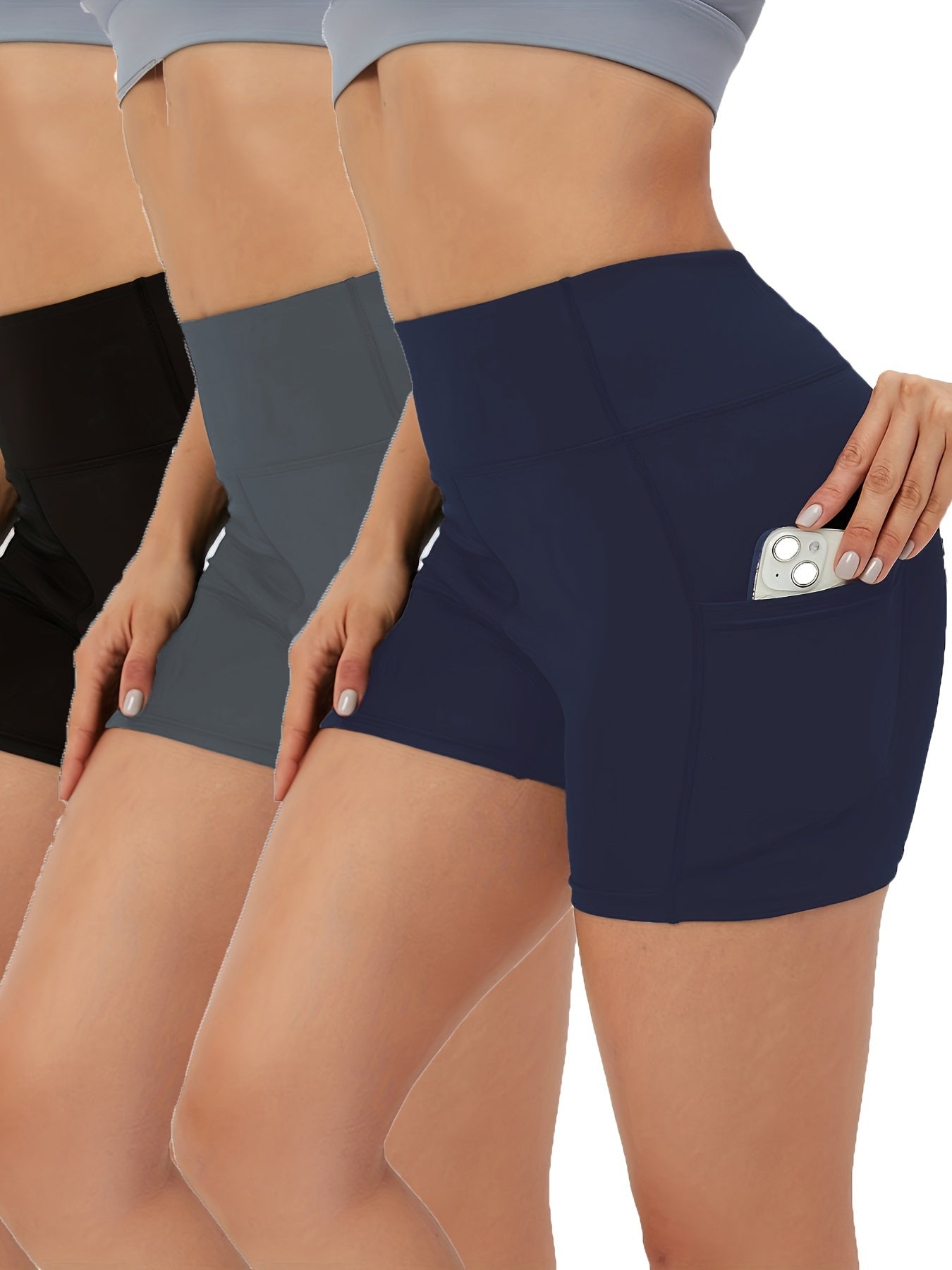 Women's 3-Pack High Waist Athletic Shorts with Pockets, Tummy Control, Sculpting, Quick-Dry, for Running, Yoga, and Workouts - Sporty Style