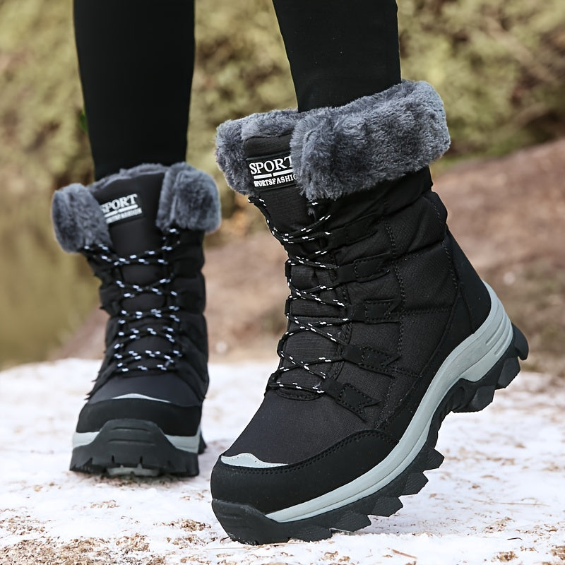 Warm Fleece Lined Women&#39;s Winter Mid Calf Boots, Anti-slip Outdoor Hiking Boots, Lace-up Snow Boots