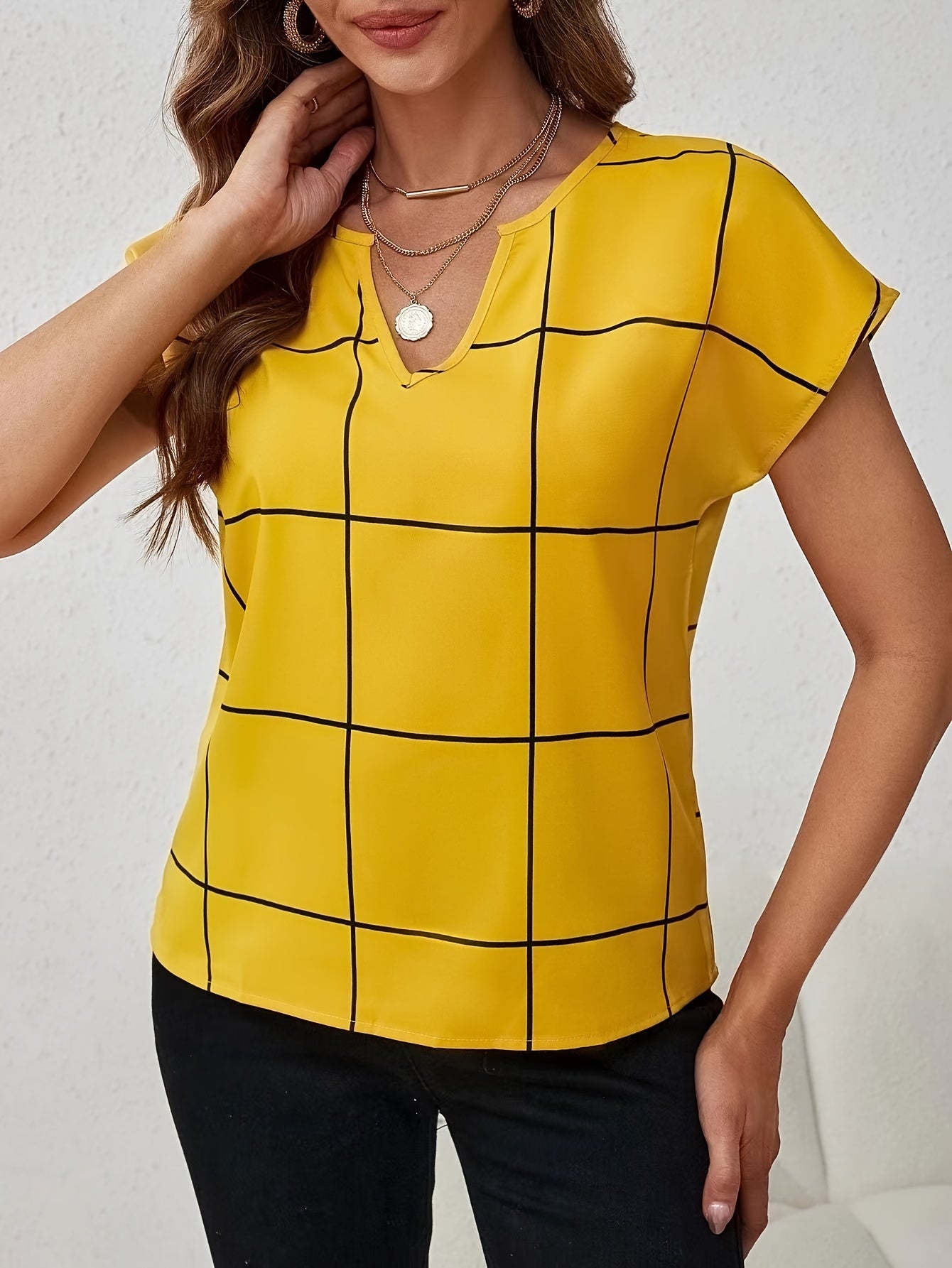 Plaid Print Notched Neck Blouse, Casual Short Sleeve Blouse For Spring & Summer, Women's Clothing