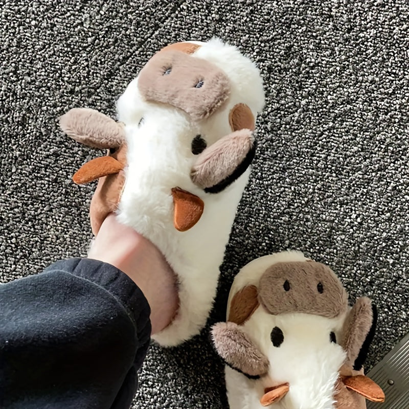 Women's Cartoon Cute Cow House Slippers, Warm Plush Lined Closed Toe Fuzzy Home Slides, Women's Comfy Indoor Shoes