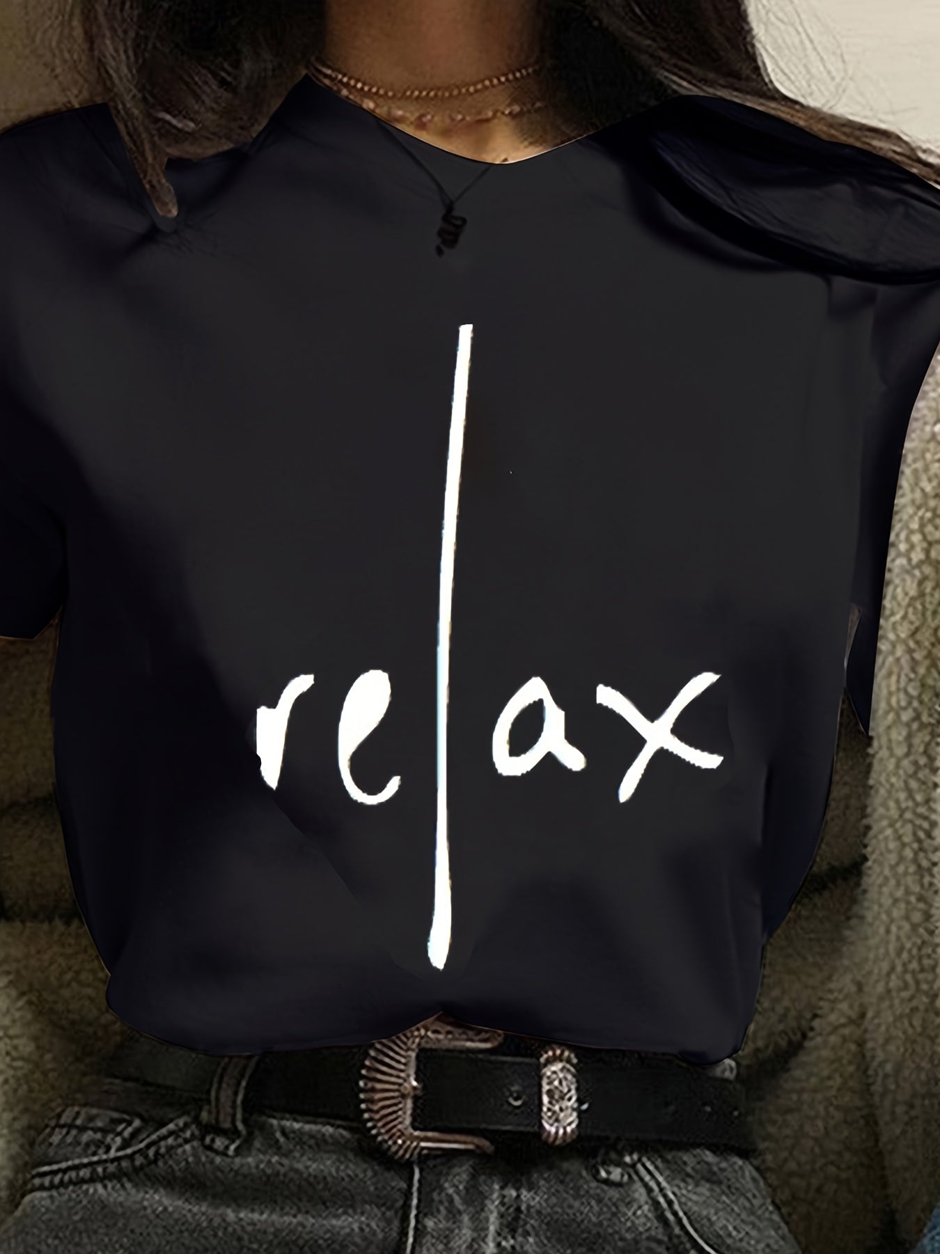 Relax Print Crew Neck T-Shirt, Casual Short Sleeve Top For Spring & Summer, Women's Clothing