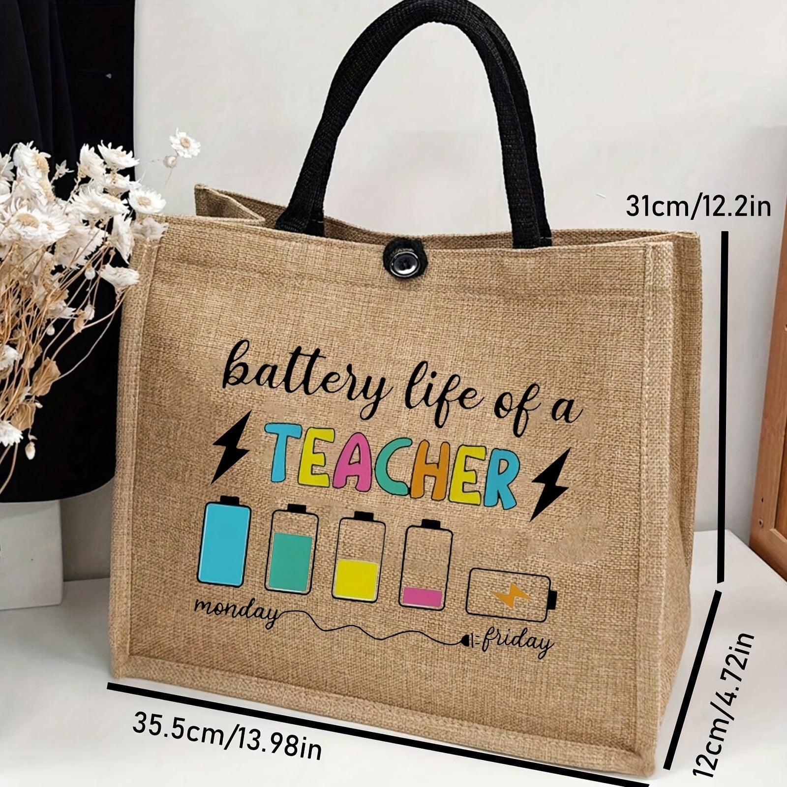 1pc Teacher Letter Print Tote Bag, Large Capacity Gift Bag, Women's Casual Handbag For Work School Shopping